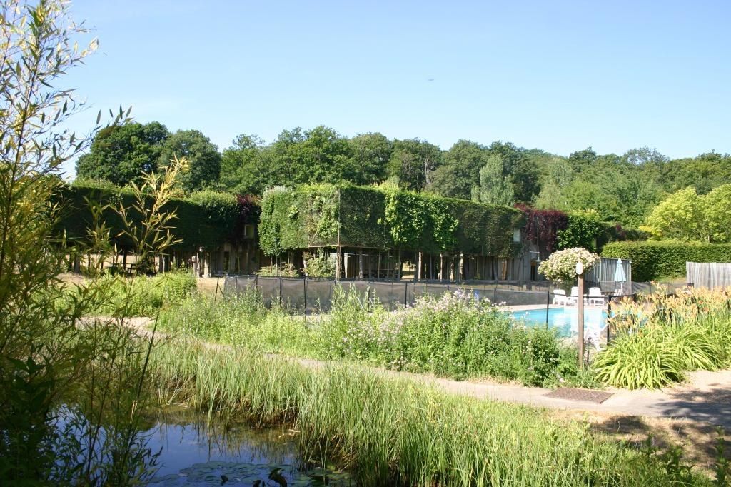 The chalets with their green walls, the pool and the pond, backing onto the forest