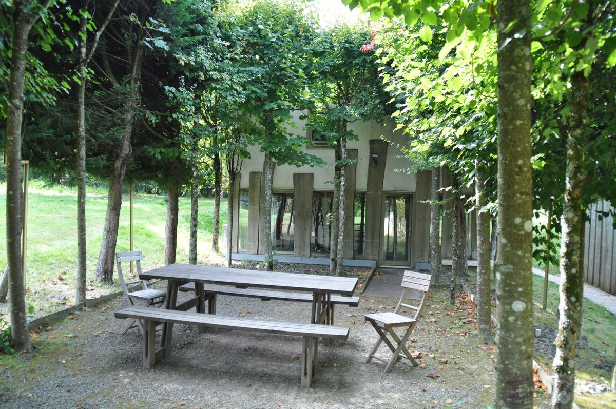 Timber chalet with picture windows, surrounded by trees, picnic table in front