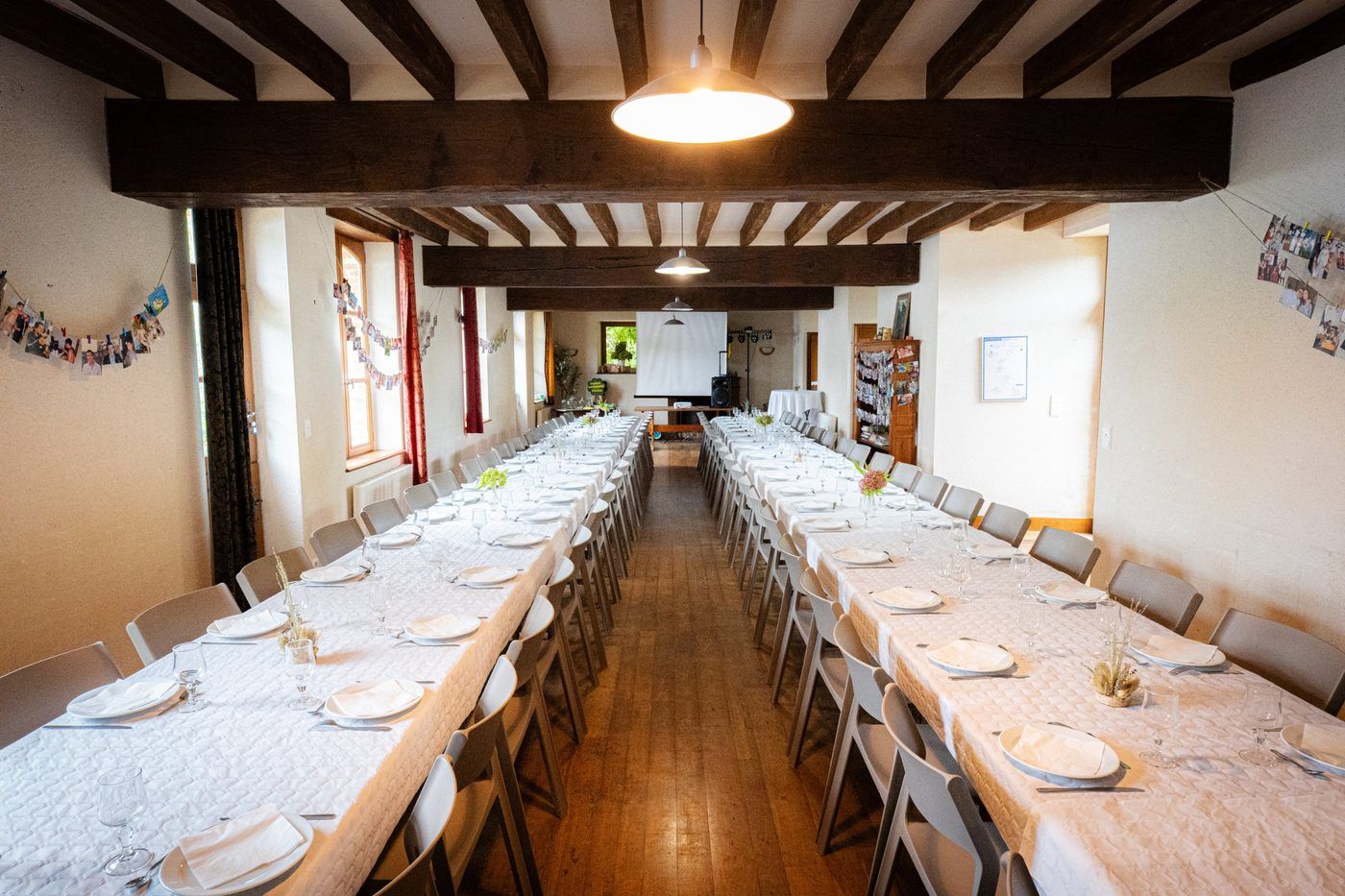Reception hall laid out for a celebration meal